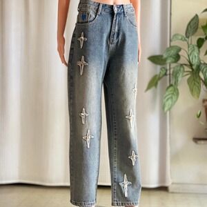 NWT Aelfric Eden Womens Cross Appliqué Denim Jeans Dirty Wash Streetwear Size 26